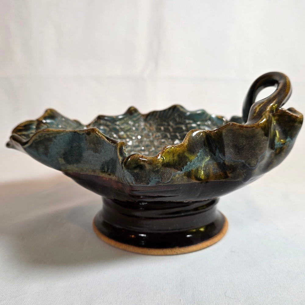 Handmade Studio Pottery Teal Brown Textured Pedestal Handle Bowl Artisan Signed